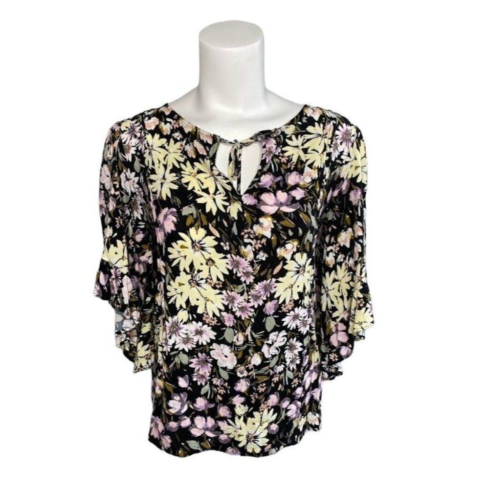 LC Lauren Conrad Black Yellow Pink Floral Flutter‎ Sleeve Pintuck Pleat Top S